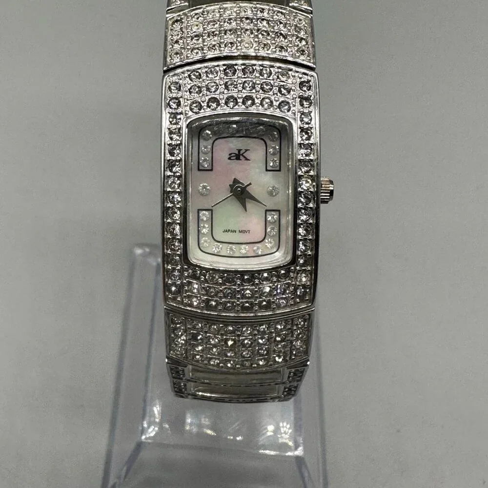 Adee Kaye Watch Women Silver Rhinestone Bracelet Mother of Pearl Dial Works 7